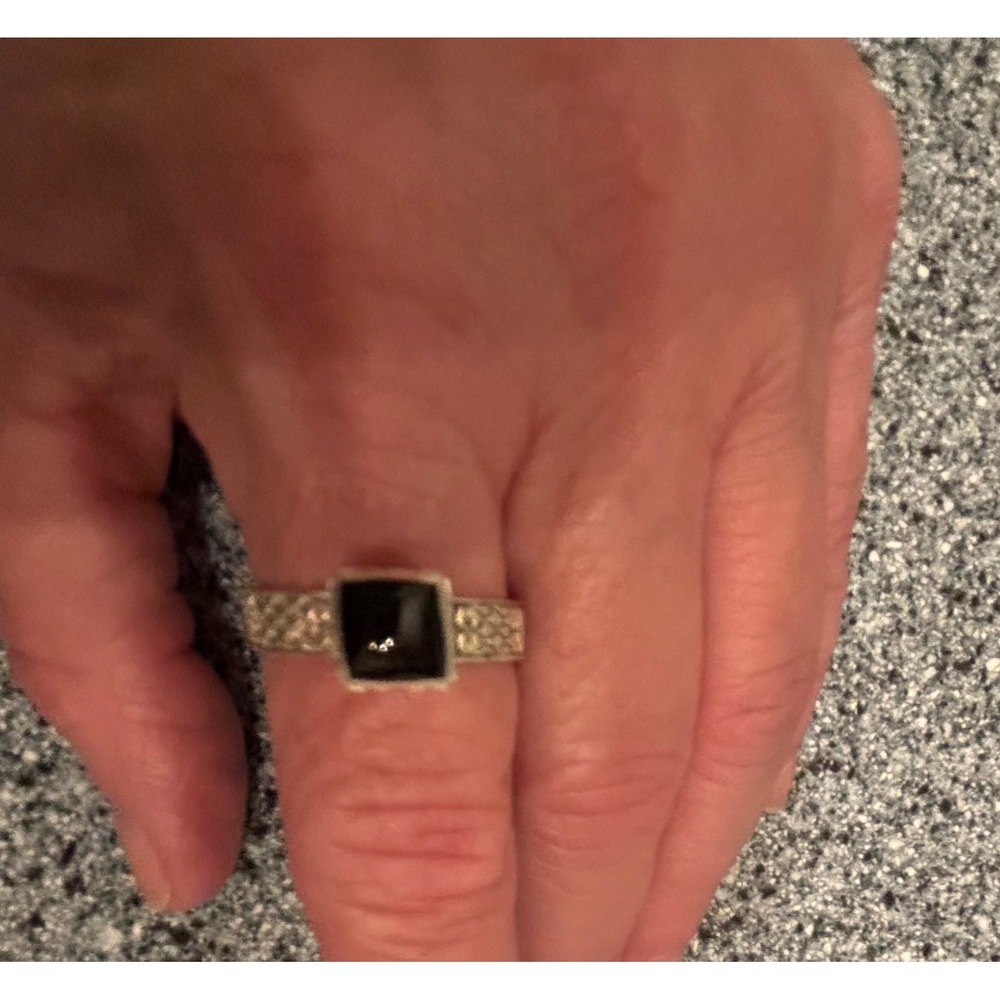 Vintage Sterling Silver 925 Black Onyx Square Cabochon Basketweave Band Ring